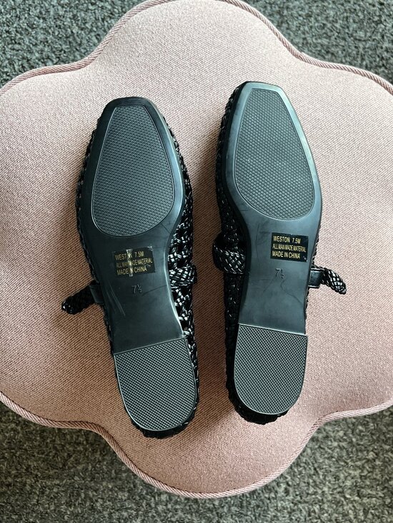 Black Woven Mary Jane Ballet Flats Faux Leather Bronze Buckle Size 7.5 Fits 8 - Picture 2 of 2